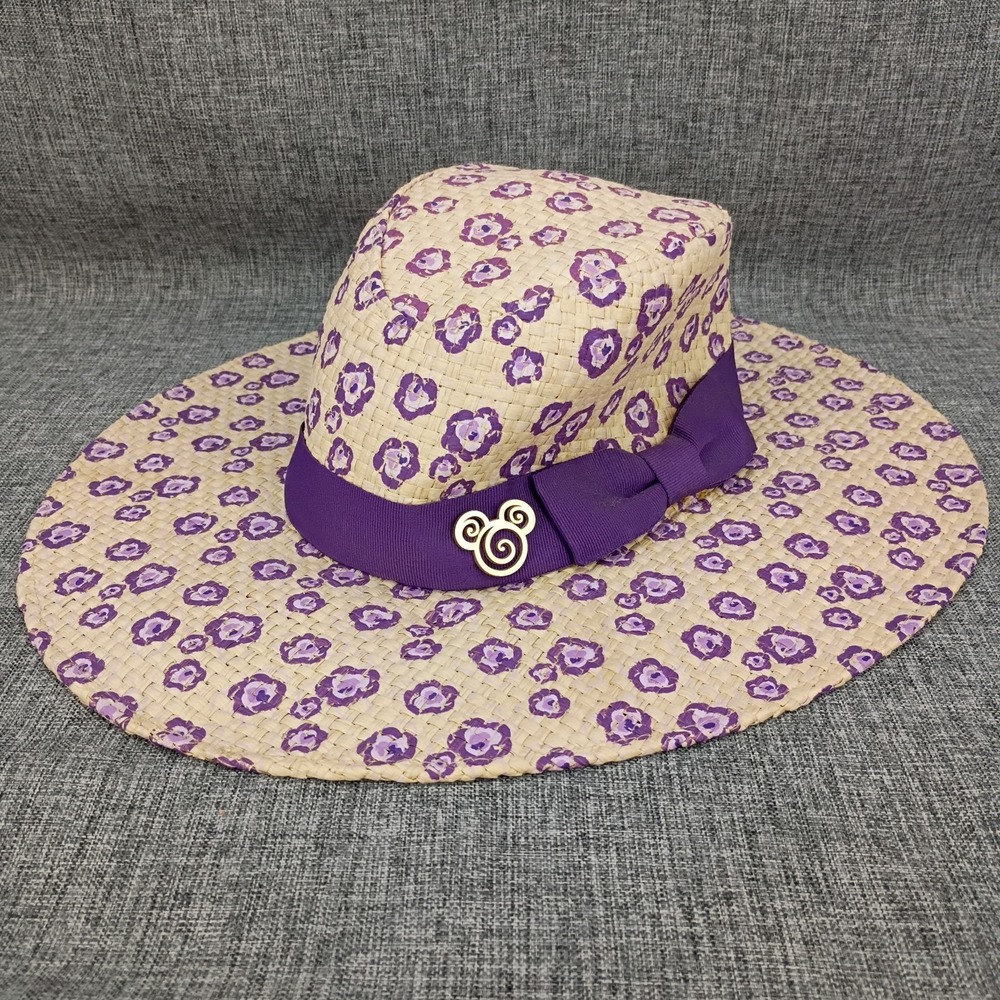 Disney Parks Hidden Mickey Straw Sun Hat Purple Floral Wide Brim Adult 59cm
